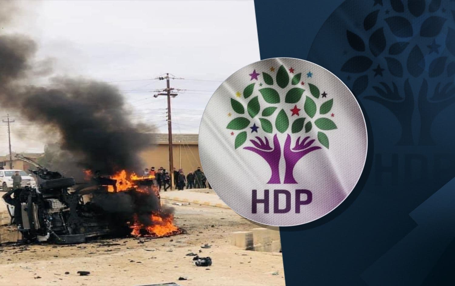 Left: Turkish airstrike target a vehicle in Shingal on December 7, 2021. Photo: Free Yezidi Foundation/ Twitter; Right: HDP logo. Graphic: Rudaw