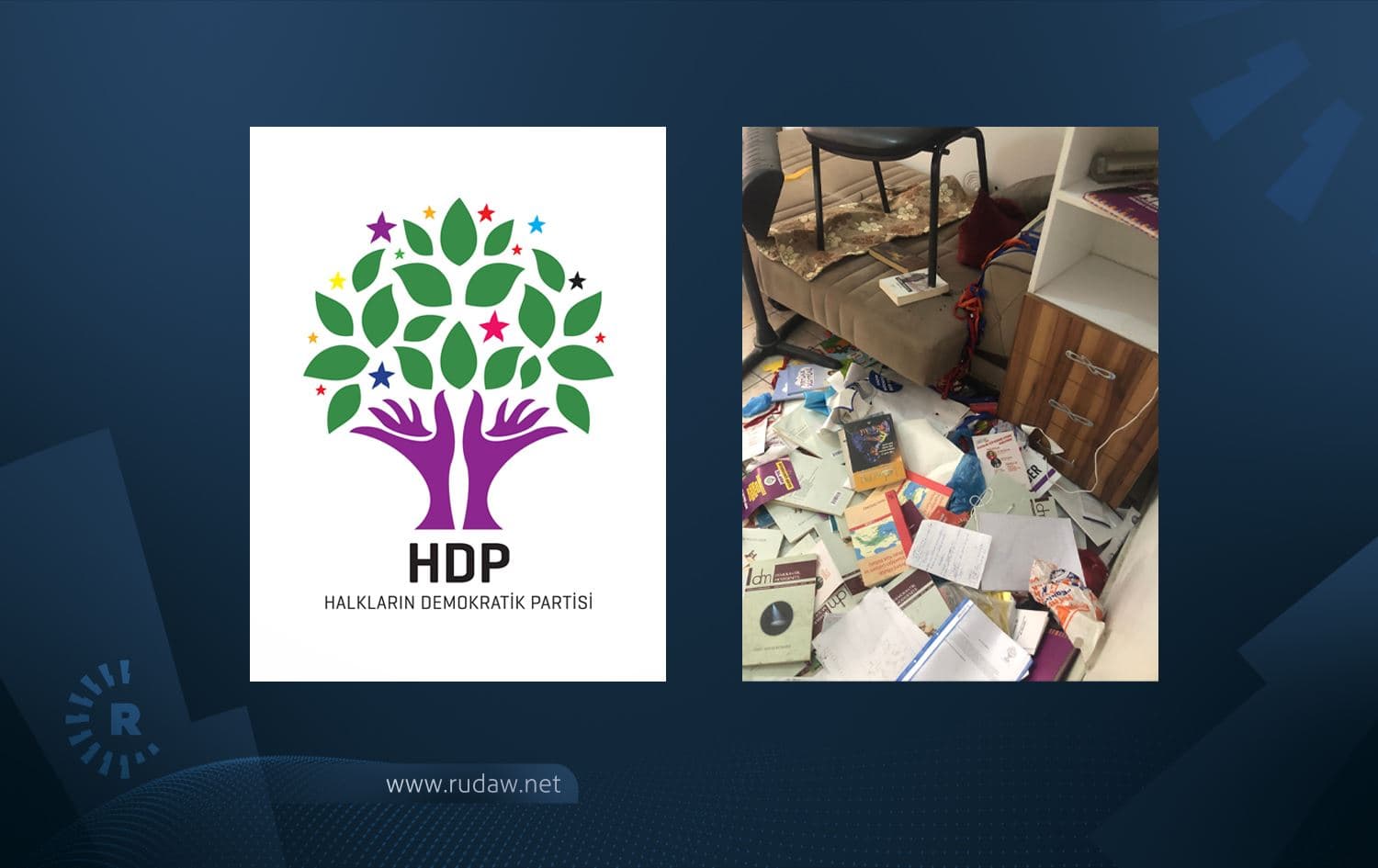From left: HDP logo, and aftermath of the raid on HDP office in Sirnak. Photo: handout