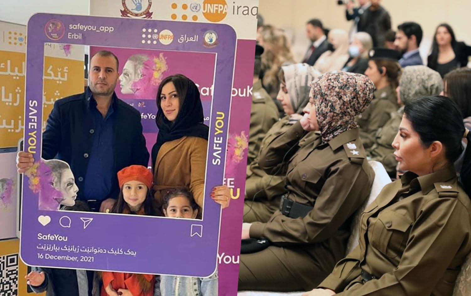 A family pose during the promotional launch of the SafeYOU app in Erbil's Family Mall (L) and members of the Directorate of Combating Violence against Women (R) attend the official launch in Erbil's Divan Hotel on December 16, 2021. Photos: Submitted