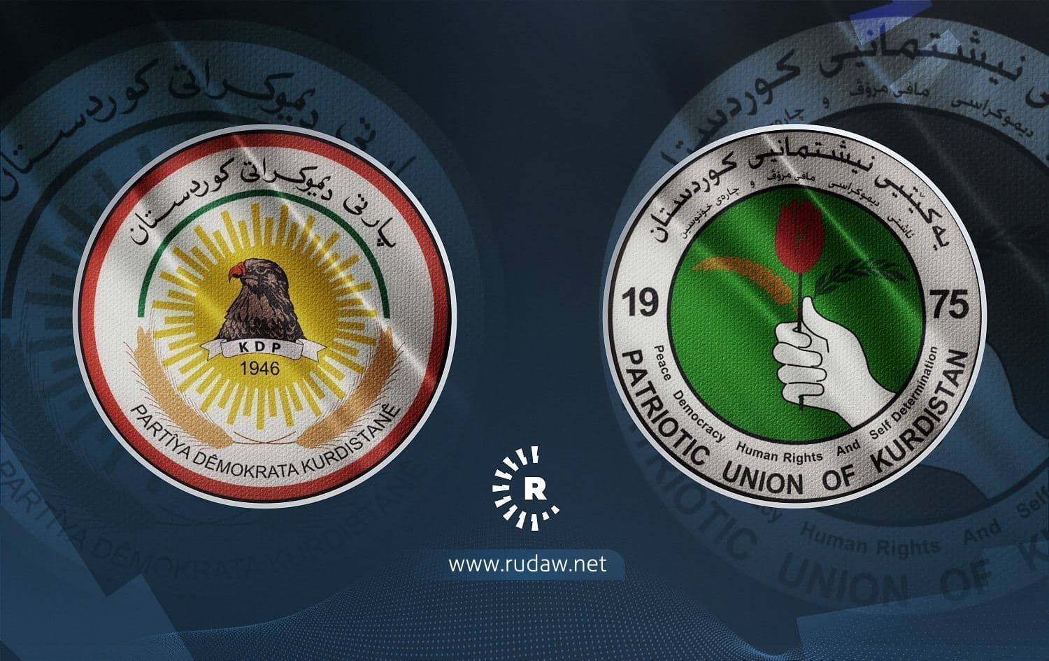 From left: Kurdistan Democratic Party (KDP)logo, Patriotic Union of Kurdistan (PUK) logo. Graphic: Rudaw