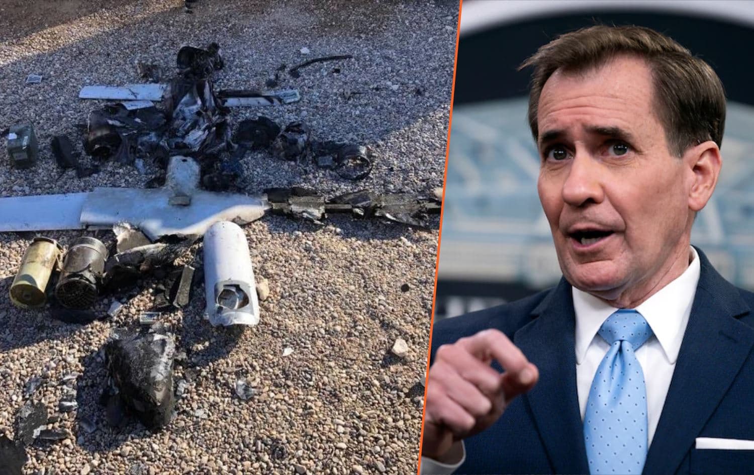 Explosive-laden drones (left) targeted Ain al-Asad airbase on January 4, 2021. Photo: Security Media Cell/Twitter; Pentagon spokesperson John F. Kirby (right). Photo: US Department of Defense; Graphic: Rudaw
