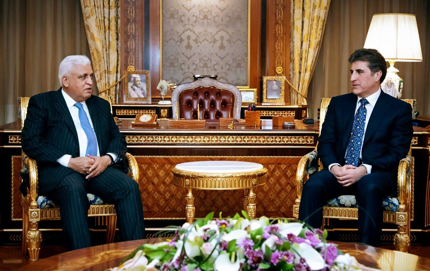 From left: PMF head Falih al-Fayyadh and President Nechirvan Barzani meeting in Erbil.  Date: January 5, 2022. Photo: handout/Barzani's office