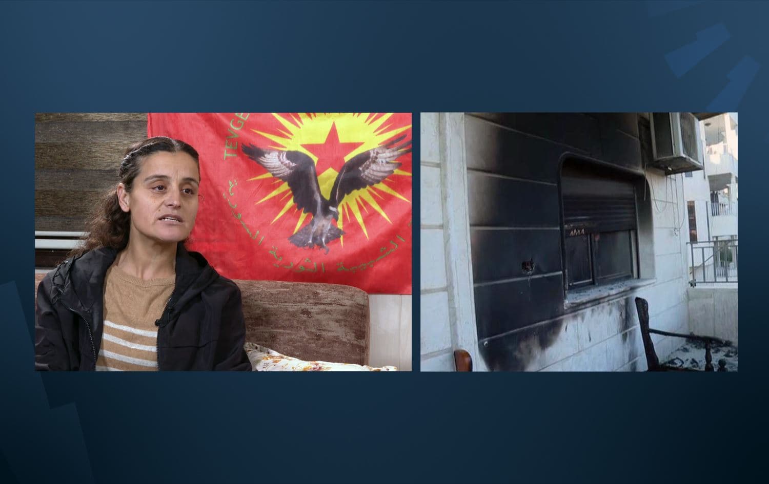 From left: Medya Yusif, official from Revolutionary Youths, speaks to Rudaw on January 5, 2022, and aftermath of September 28 attack on Rudaw office in Qamishli. Photo: Rudaw