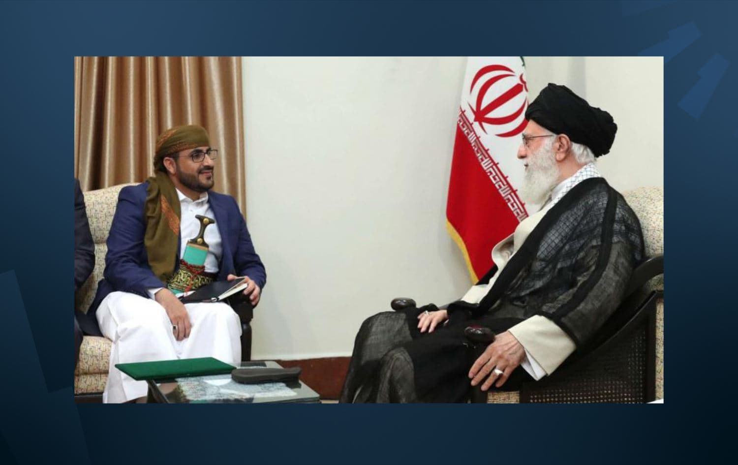   Iran’s Supreme Leader Ayatollah Ali Khamenei (Right) meets with Mohammed Abdul-Salam, spokesman for Yemen’s Houthi rebels (Left), in Tehran, August 13, 2019. File Photo: AFP