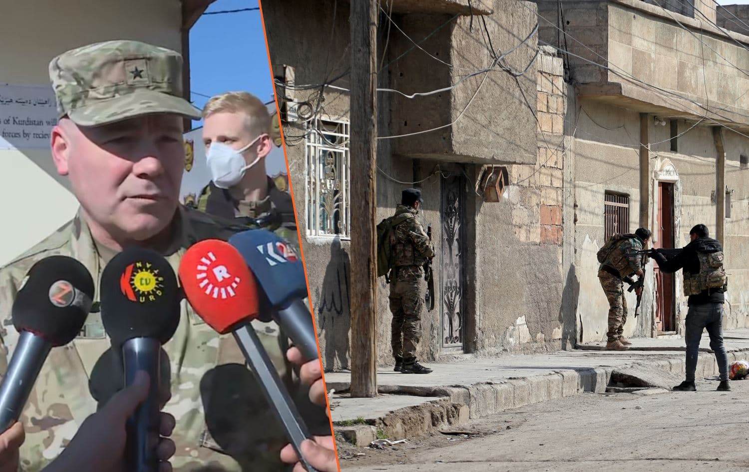 Director of the Military Advisory Group in Iraq for the US-led coalition Nick Duchich (left) speaking to reporters on January 23, 2022. Photo: Rudaw; Kurdish forces (right) deployed in northeast Syria (Rojava) on January 22, 2022. Photo: AFP; Graphic: Rudaw