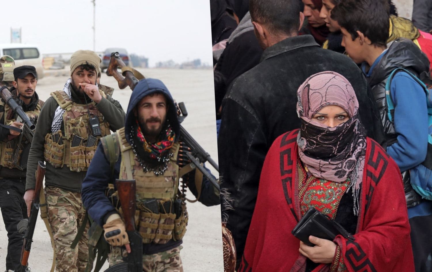 Members of the Kurdish-led Syrian Democratic Forces (SDF) in Hasaka on January 24, 2022. Photo: AFP; Locals fleeing their homes in Ghweran neighborhood on January 23, 2022. Photo: AFP; Graphic: Rudaw