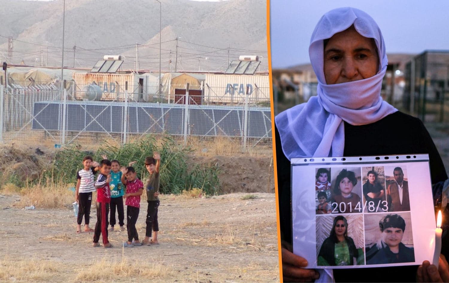Yazidi children loitering outside Sharya IDP camp in the Kurdistan Region (left), on August 25, 2021. Photo: Alannah Travers/Rudaw; A Yazidi woman attending a candle-lit vigil to mark the sixth anniversary of ISIS' attack on Yazidis in Shingal, on August 3, 2020. Photo: AFP. Graphic: Rudaw