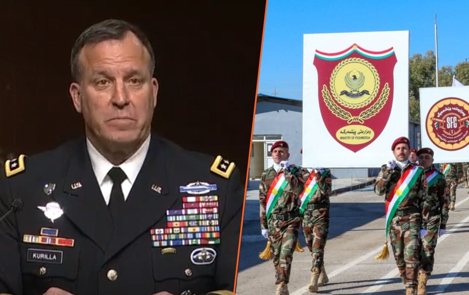 Army Lt. Gen. Michael Erik Kurilla (left) speaks at the Senate on February 8, 2022; and file photo of Peshmerga. Photos: handout