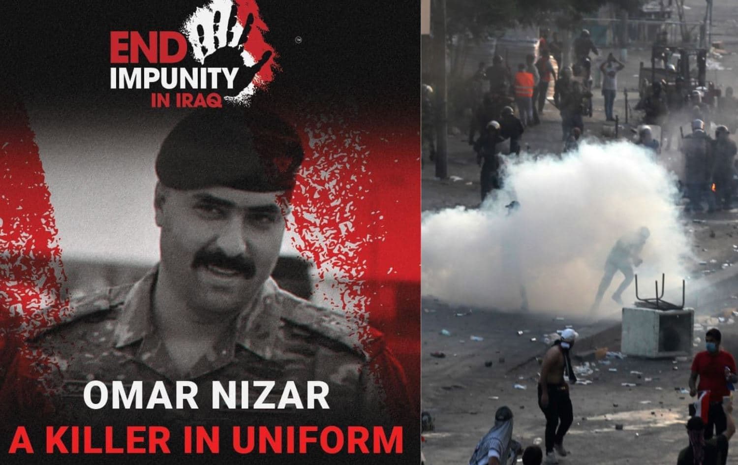 Iraqi security officer Omar Nazar (left). Photo: Sally Bachori/Twitter; Iraqi police fire tear gas at protesters during anti-government demonstrations on October 2, 2019. Photo: AFP; Graphic: Rudaw