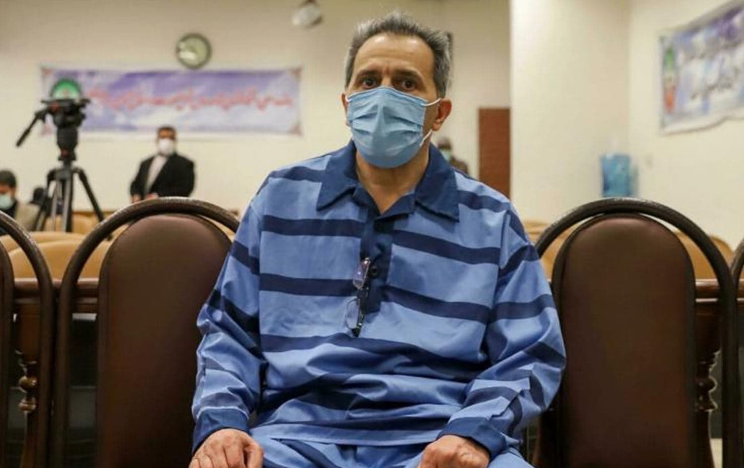 Jamshid Sharmahd attends the first hearing of his trial in the capital Tehran on 6 February 2022. Photo: AFP