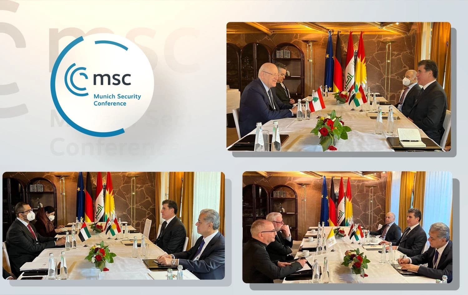 Kurdistan Region President Nechirvan Barzani in series of meetings at the annual Munich Security Council (MSC) conference in Germany, on February 18, 2022. Clockwise from top, with the Lebanese prime minister; the Vatican's secretary for relations with states of the Holy See; and the United Arab Emirates' Industry and Advanced Technology minister. Photos: Kurdistan Region Presidency. Logo: MSC. Graphic: Rudaw