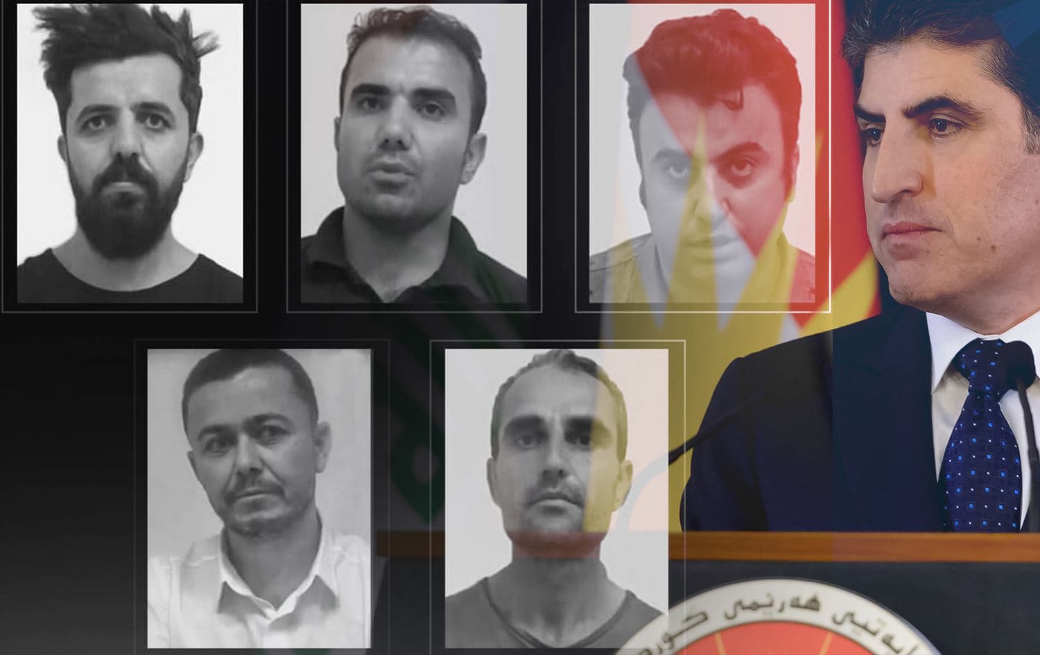 From left: Hariwan Issa, Guhdar Zebari, Sherwan Sherwani, Shvan Saeed, and Ayaz Karam. Photos: handout/KRSC; Kurdistan Region President Nechirvan Barzani (right). Photo: Rudaw; Graphic: Rudaw 