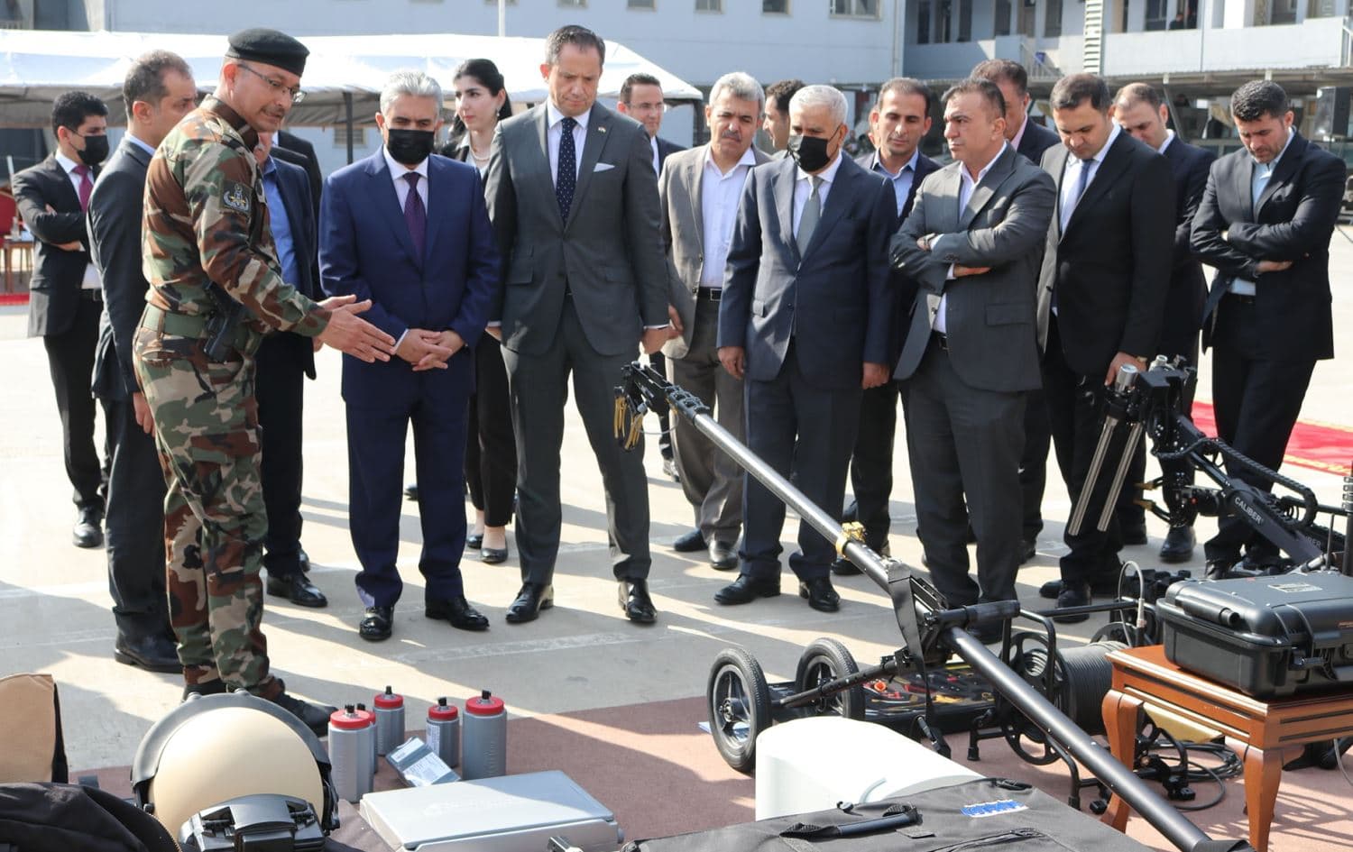 US consul-general Robert Palladino and Kurdish officials stare at the security equipment presented by the US at Asayish HQ in Erbil on February 24,2022. Photo: handout