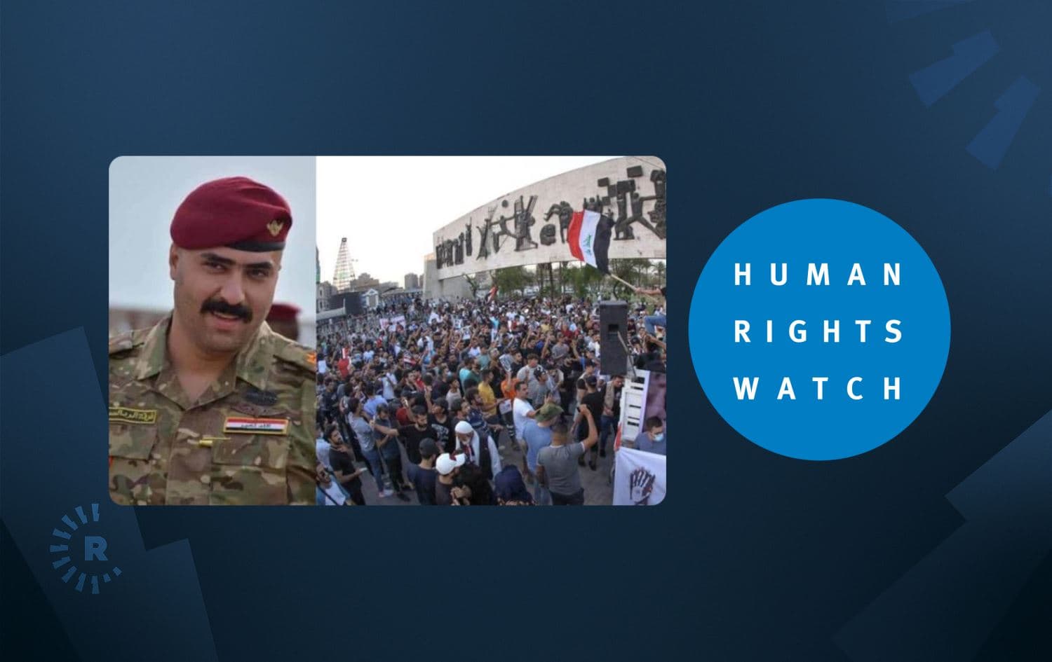 Iraqi security officer Omar Nazar (left). Photo: Sally Bachori/Twitter. Large-scale demonstrations in Iraq on October 2, 2019 (center). Photo: End Impunity in Iraq. Human Rights Watch logo (right). Graphic: Rudaw