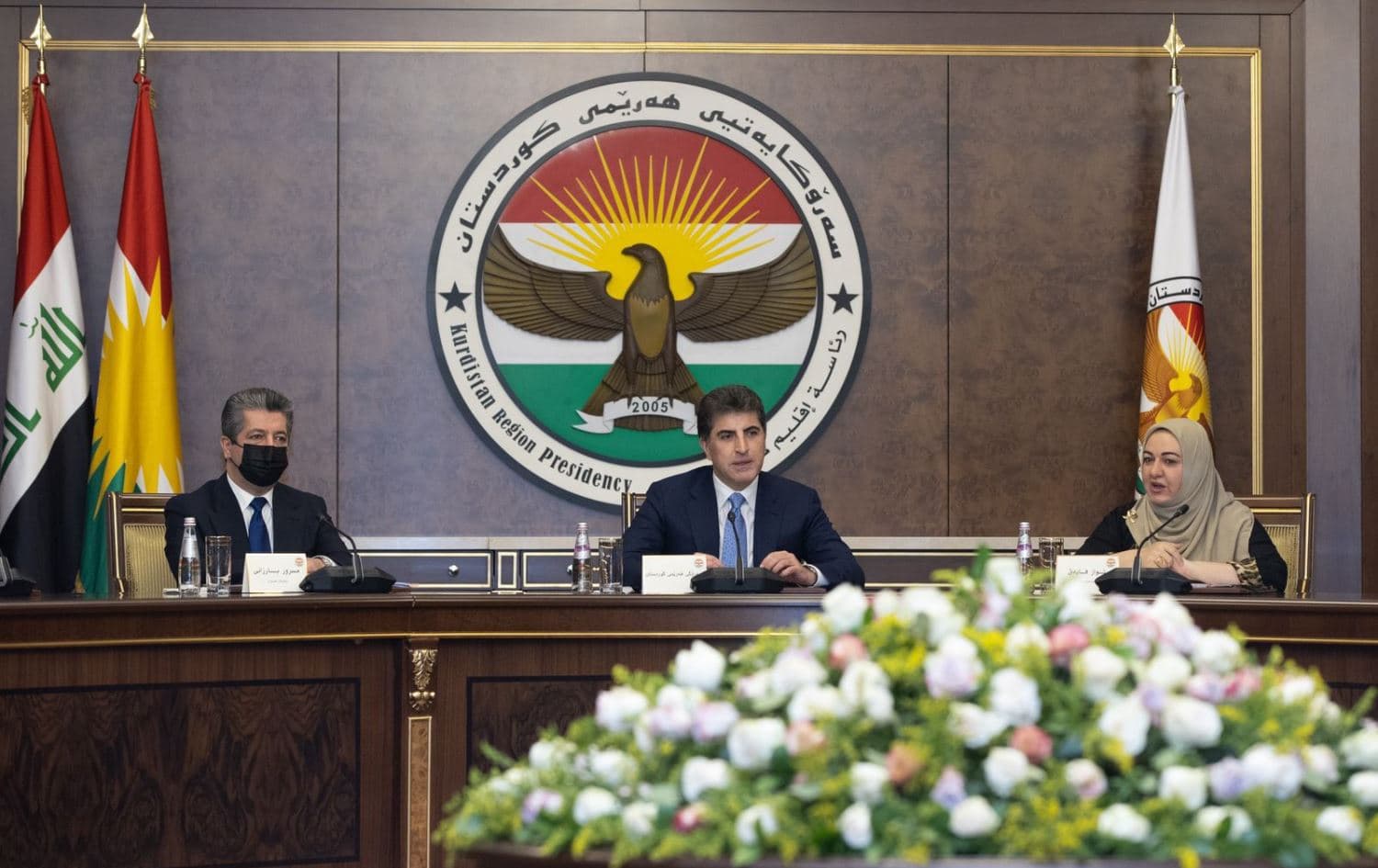 From left: PM Masrour Barzani, President Nechirvan Barzani and Speaker Rewaz Fayaq met in Erbil on February 28, 2022. Photo: handout/presidency 
