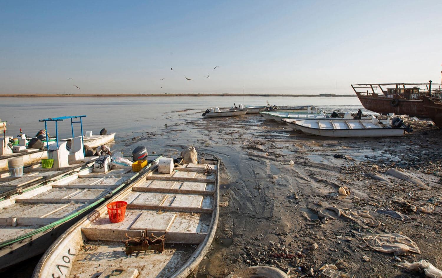 Fishing boats docked on the bank of the Shatt al-Arab waterway in the southern Iraqi port city of al-Faw, 90 kilometers south of Basra, where the Tigris and the Euphrates merge and flow out to the Gulf, taken on October 26, 2021. Photo: Hussein Faleh/AFP