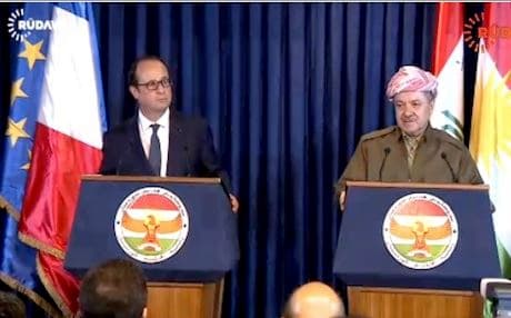 French President Francois Hollande (L) speaking at a press conference in Erbil with Kurdish President Massoud Barzani.