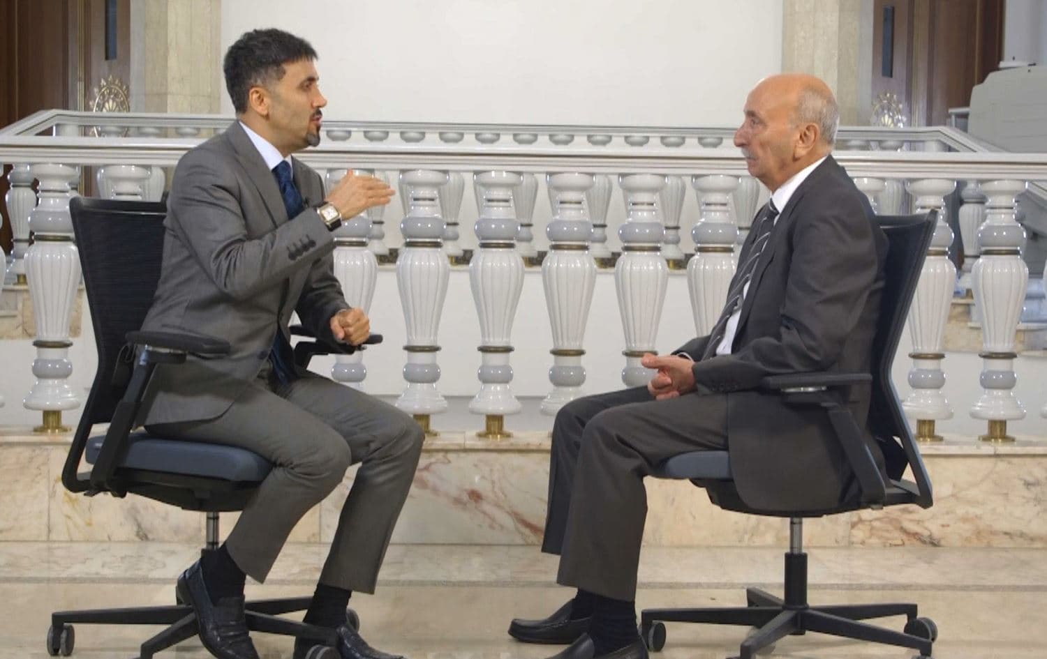 Adnan al-Janabi speaking to Rudaw’s Mohammed Sheikh Fatih in Baghdad on June 18, 2022. Photo: Rudaw