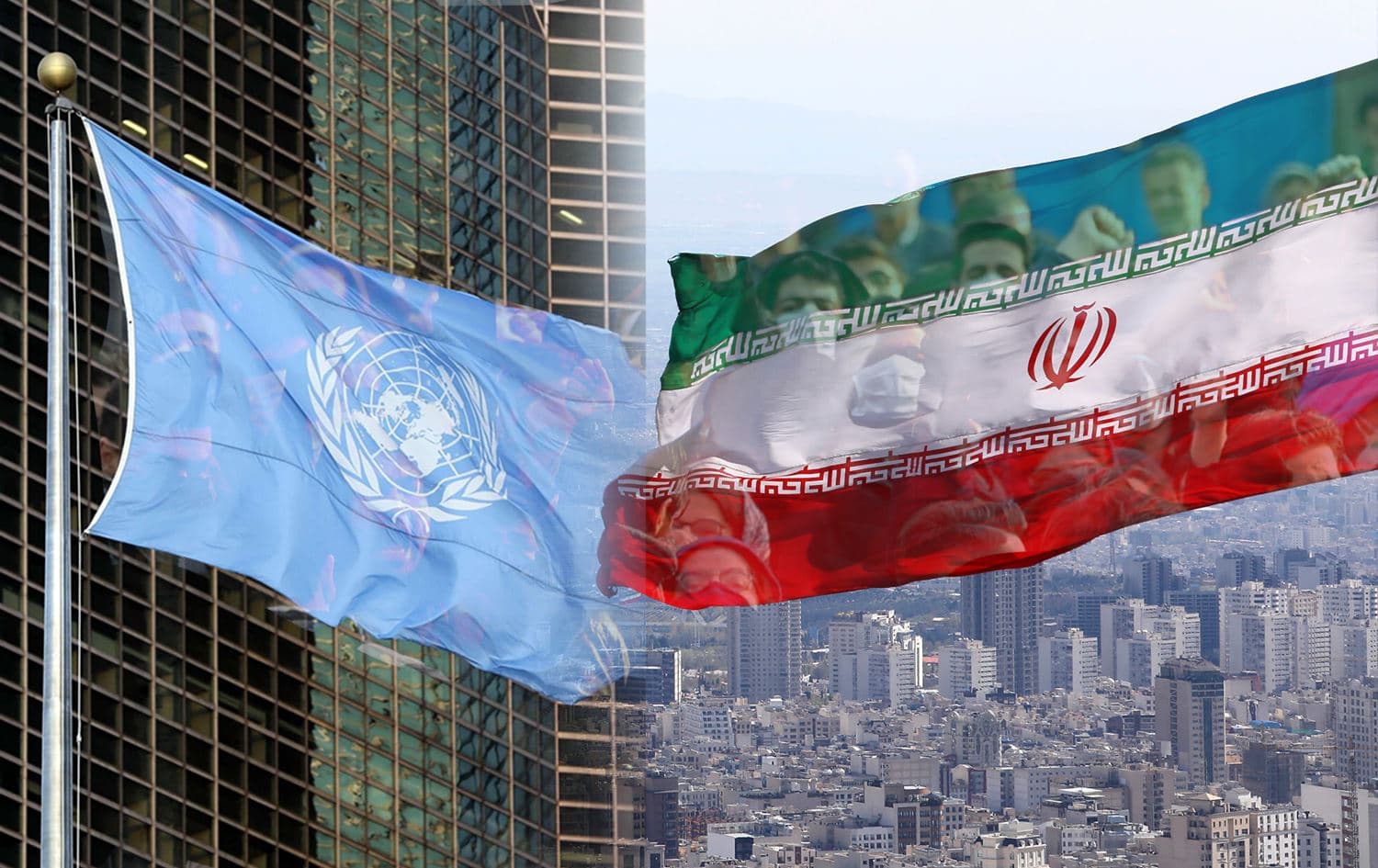 United Nations flag (left) waves near UN headquarters. Photo: AFP; Iran’s flag (right) with a photo of Iranian protestors in the background. Photos: AFP, AP; Graphic: Rudaw