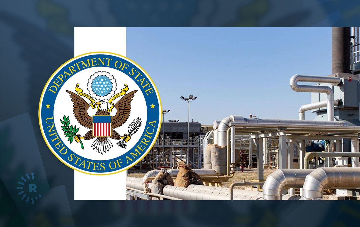 Khor Mor gas field in Sulaimani's Chamchamal district (right). Photo: Dana Gas; US State Department logo. Graphic: Rudaw