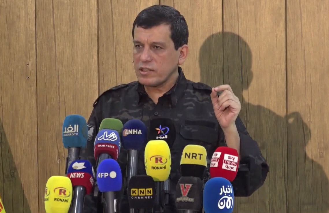Mazloum Abdi, General Commander of the Kurdish-led Syrian Democratic Forces (SDF), speaks to reporters in Hasaka on July 15, 2022. Photo: SDF media 