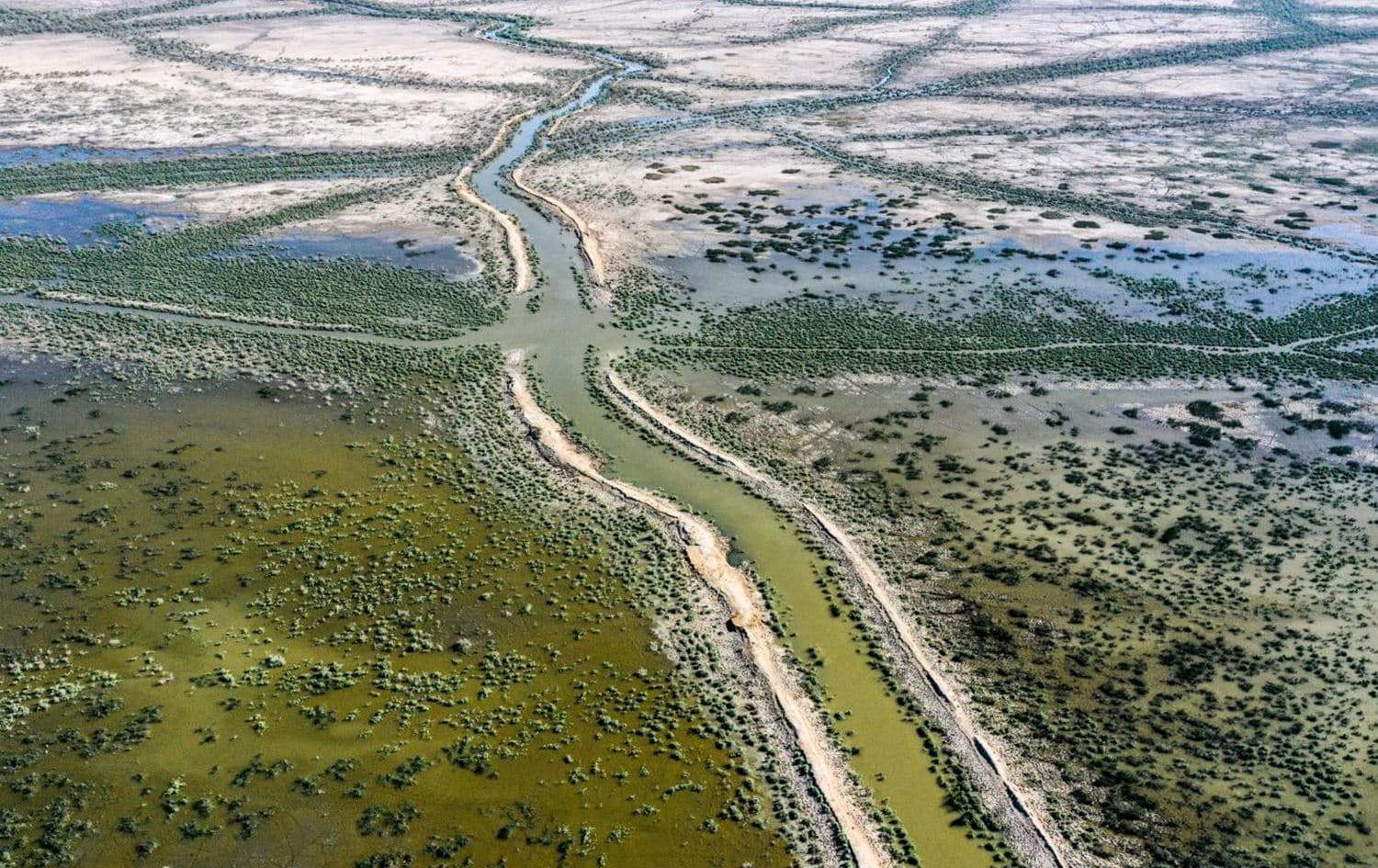 Aerial view of drying land in southern Iraq’s Chibayish marshes on June 20, 2021. Photo: AFP