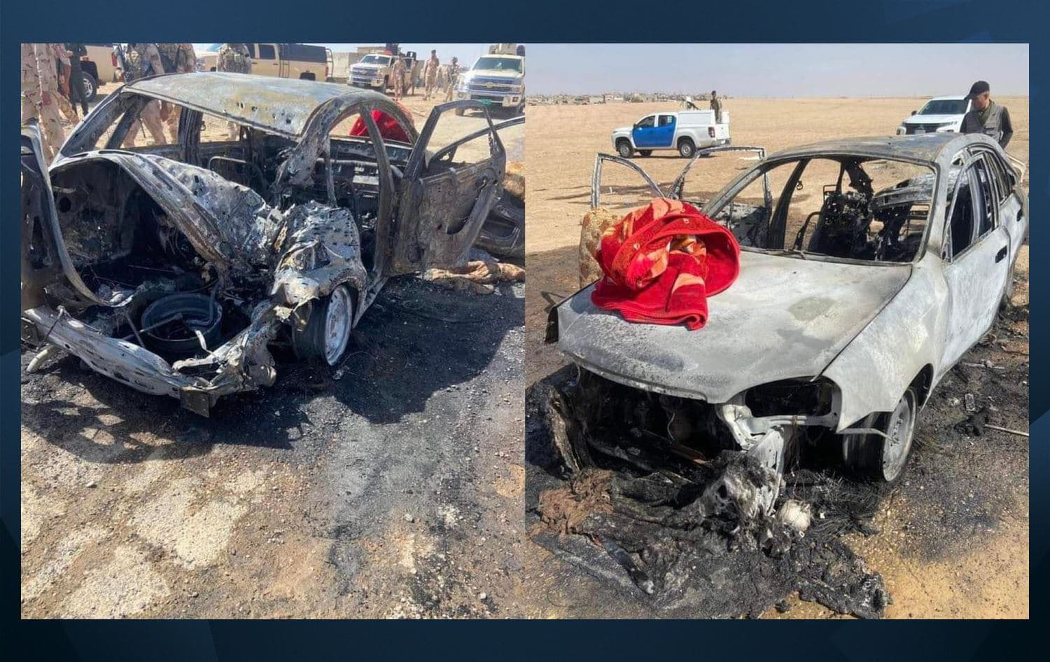 The car targeted by a drone in western Mosul on July 17, 2022. Photo: Kurdistan CTD/Facebook