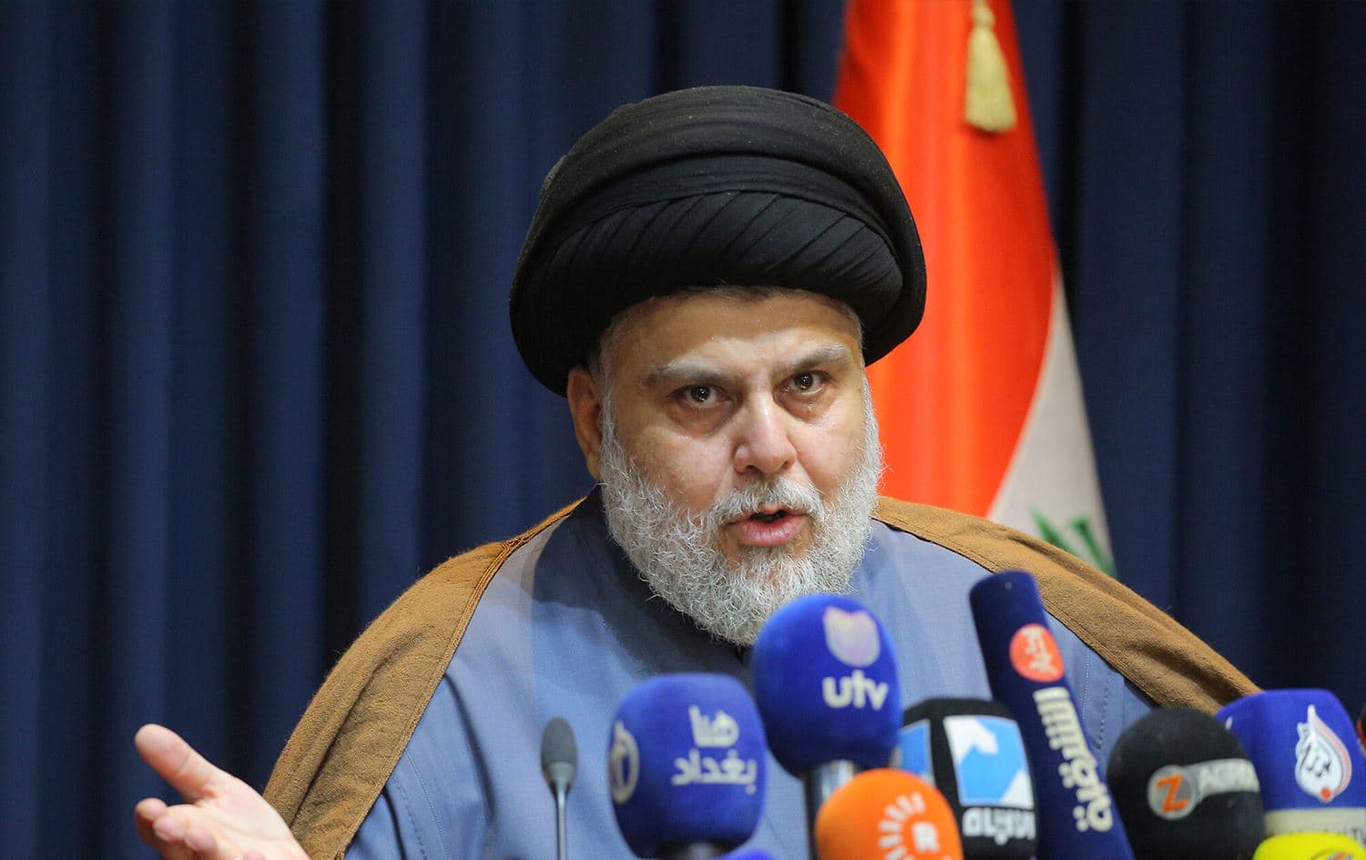 Influential Shiite cleric Muqtada al-Sadr speaks during a press conference in Najaf on November 18, 2021. File photo: AP 
