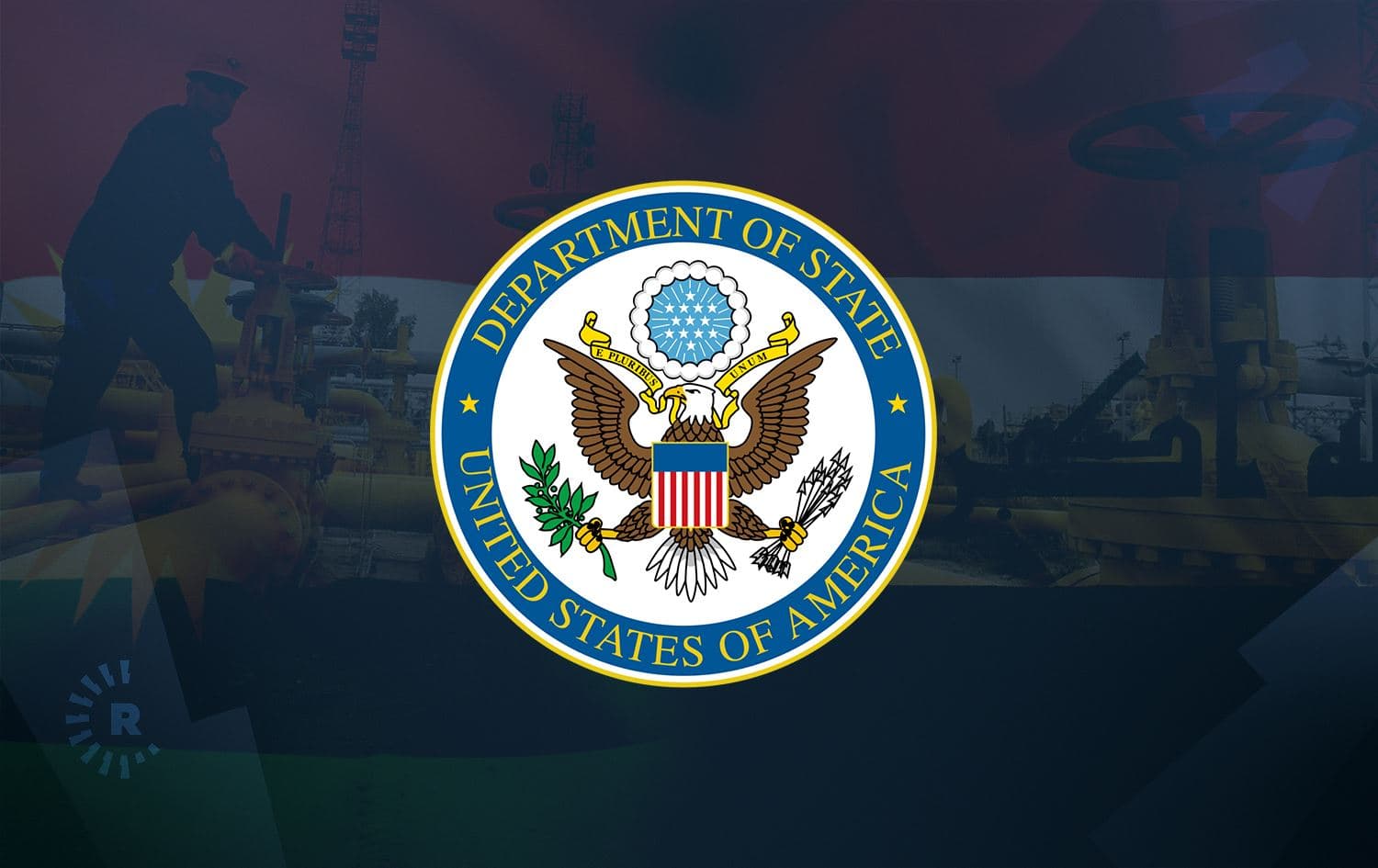 Logo of US State Department (center) with the Iraqi and Kurdish flag in the background and an oil field in Basra. Photo: AFP. Graphic: Rudaw