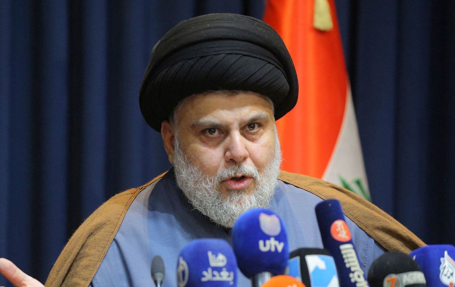 Iraqi Shiite cleric Muqtada al-SAdr speaks during a press conference in Najaf on November 18, 2021. File photo: AP