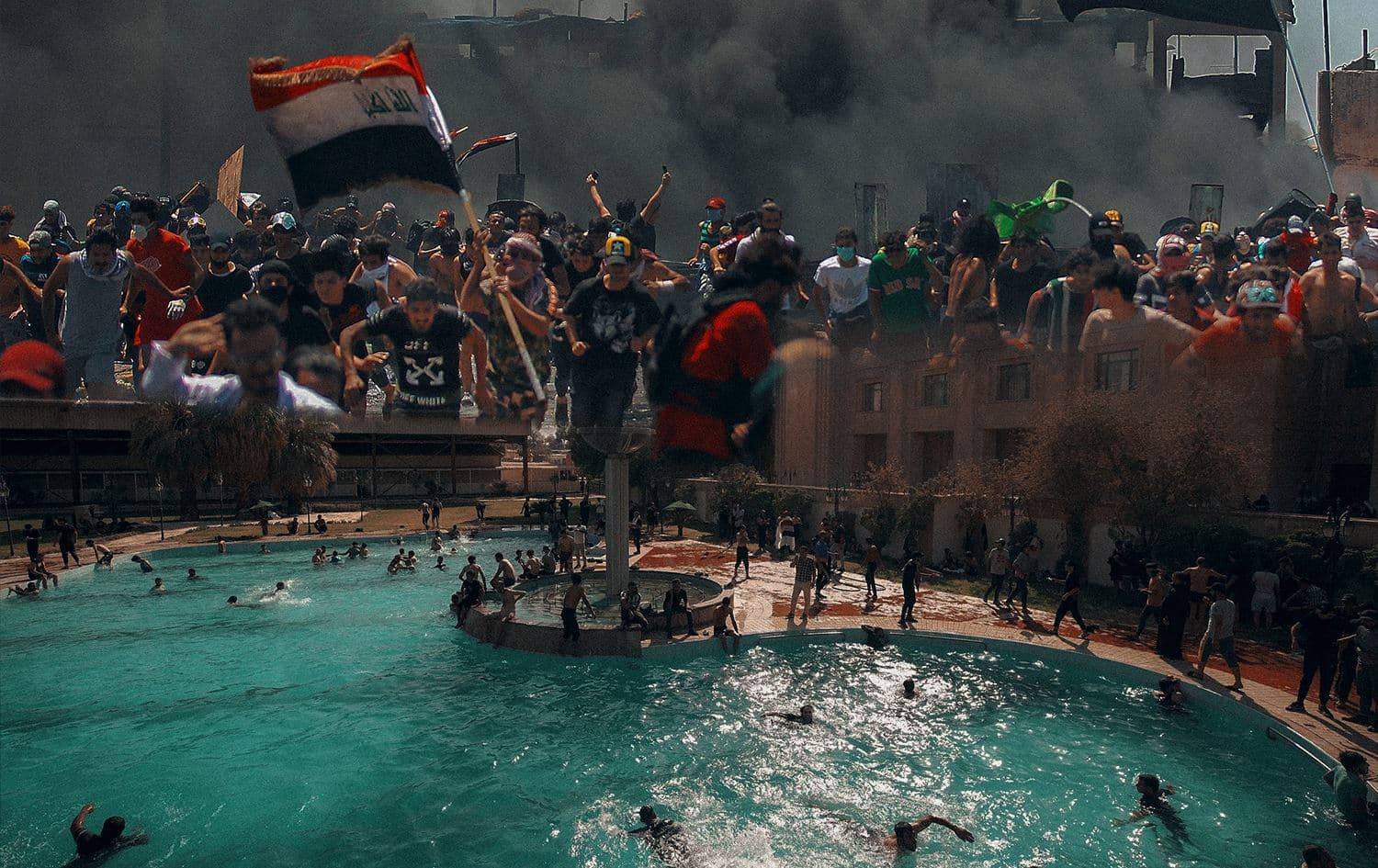 Tishreen protesters running away from clouds of teargas (top), Sadrist protesters having a swim in the Iraqi Republican Palace’s pool. Photos: AFP; Graphic: Rudaw
