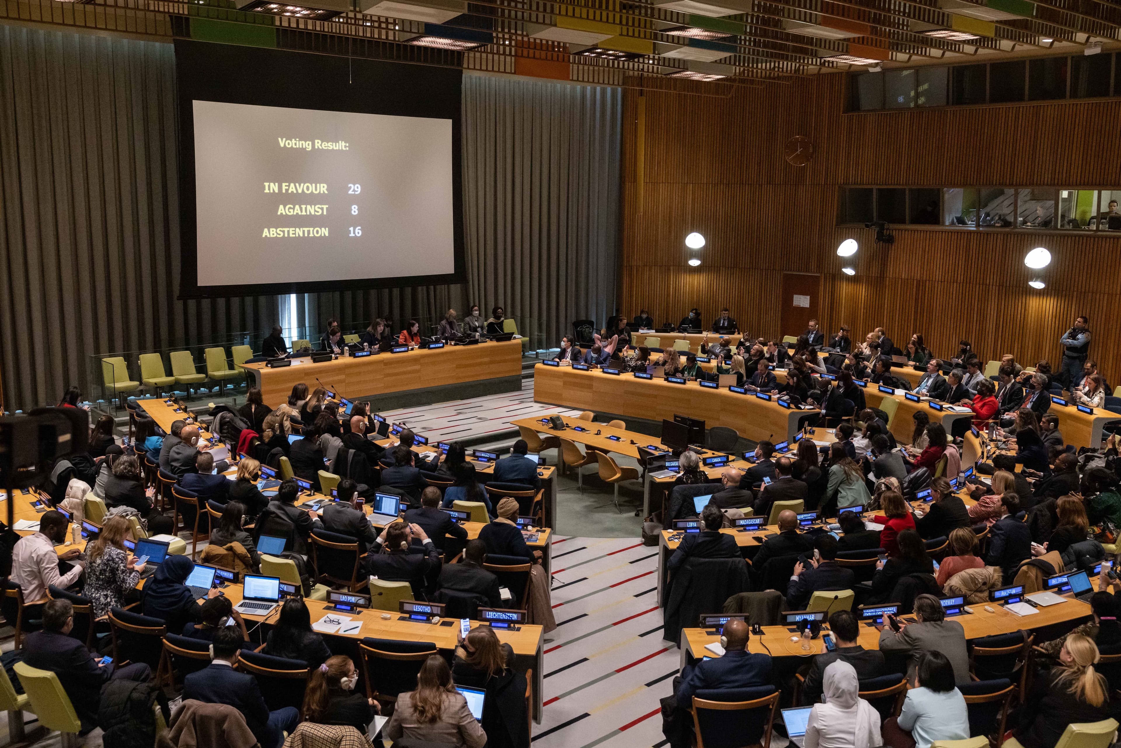 Member countries vote on the removal of Iran from membership in the Commission on the Status of Women during a meeting on December 14, 2022. Photo: AFP