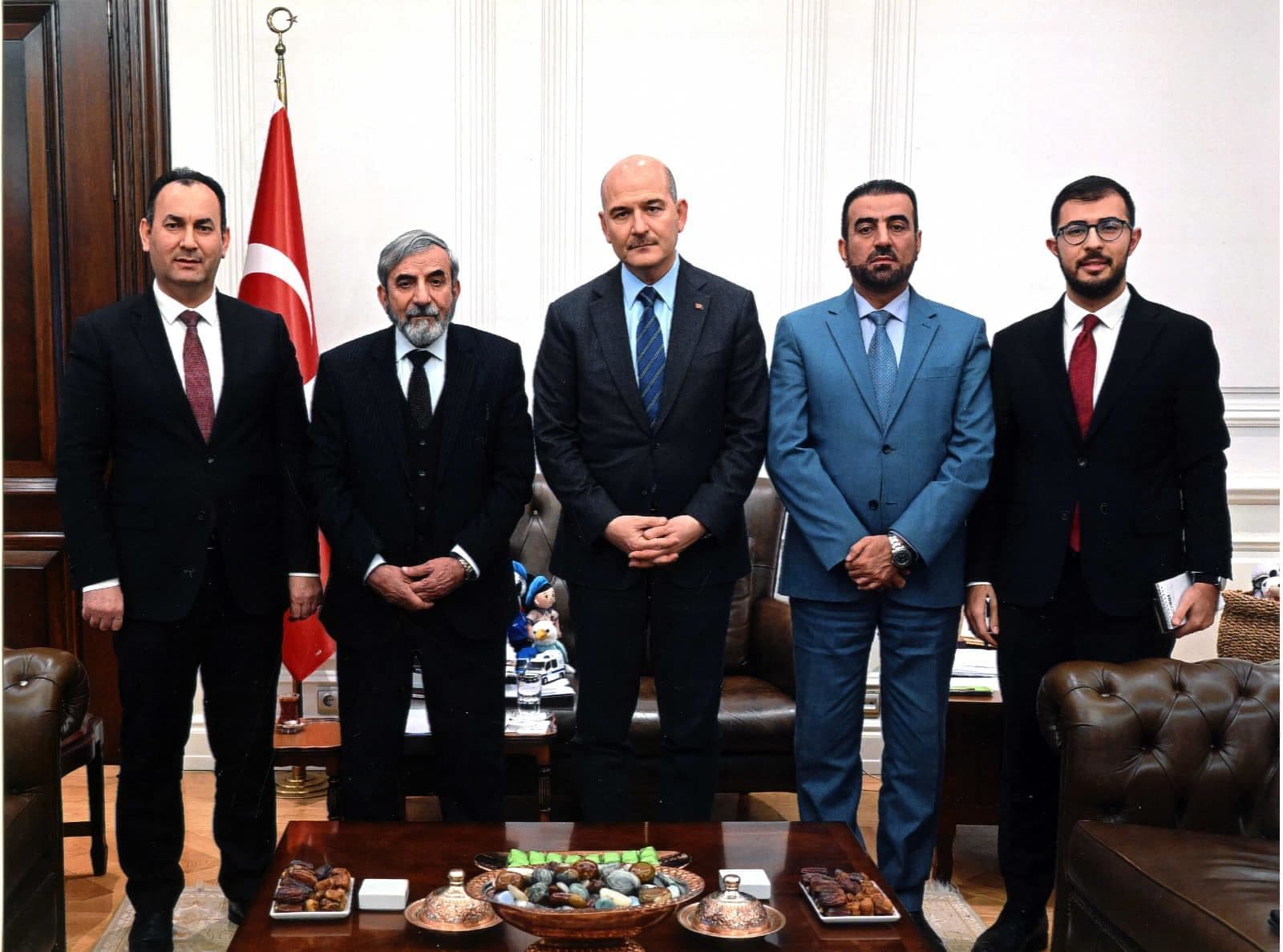 KIU Secretary General Salahaddin Bahaaddin (second from left) and Turkish Interior Minister Suleyman Soylu (middle) in Ankara on January 30, 2023. Photo: KIU/Facebook