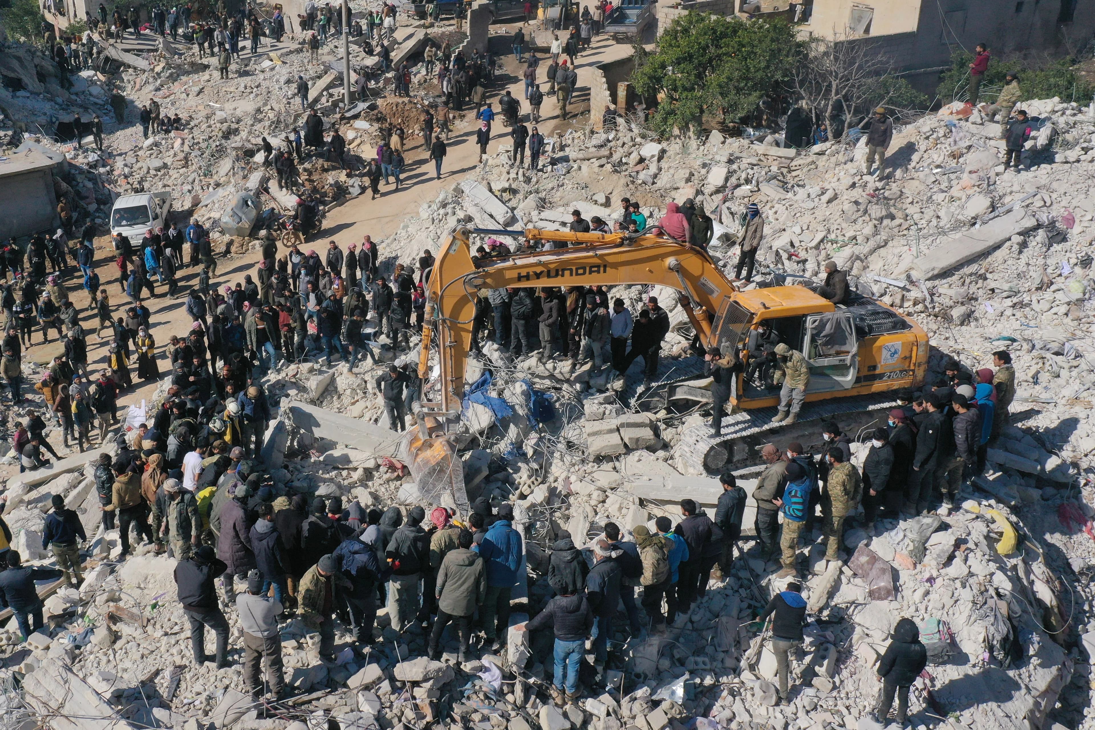 Aerial view of a collapsed building in the town of Harim in Syria's rebel-held northwestern Idlib province on February 8, 2023. Photo: AFP