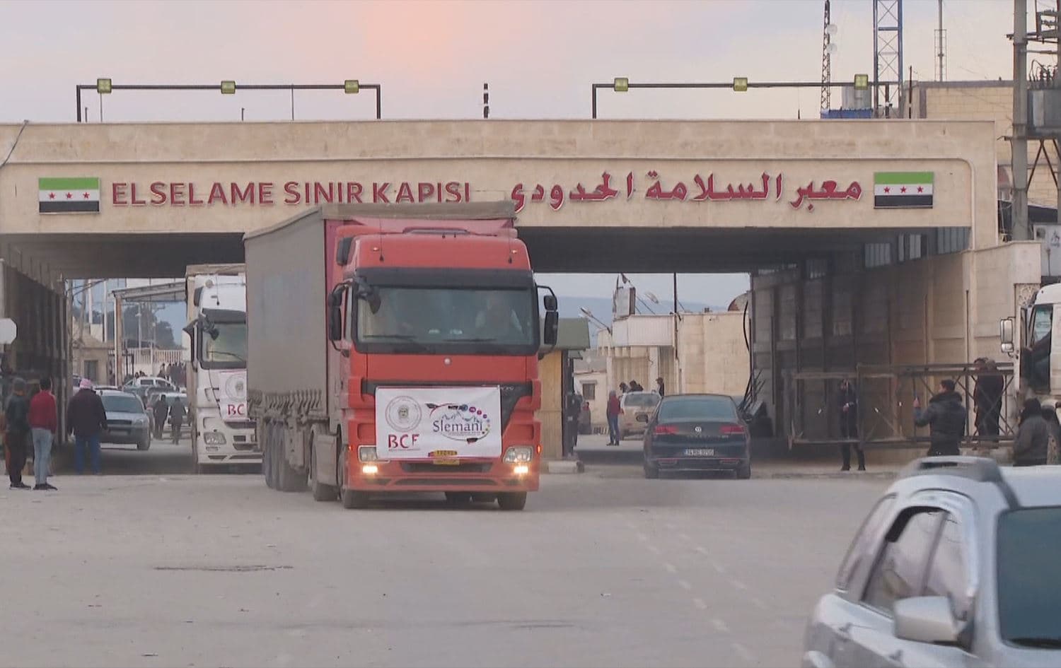 Barzani Charity Foundation (BCF) trucks crossing through Bab al-Salame from Turkey into northern Syria's Aleppo province on February 10, 2023. Photo: Rudaw