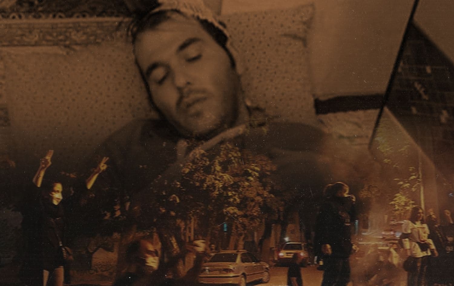 Hemin Jaleh (top) was severely beaten by Iranian security forces after participating in protests in the Kurdish city of Kermanshah in western Iran in November, 2022. Photo: submitted; Protests in Kermanshah on October 26, 2022. Photo: Hengaw Organization for Human Rights; Graphic: Aland Qaradaxi/Rudaw