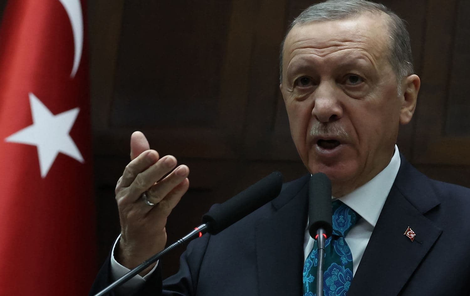 Turkish President Recep Tayyip Erdogan giving a speech in front of his party's parliament members in Ankara on March 29, 2023. Photo: Adem Altan/AFP