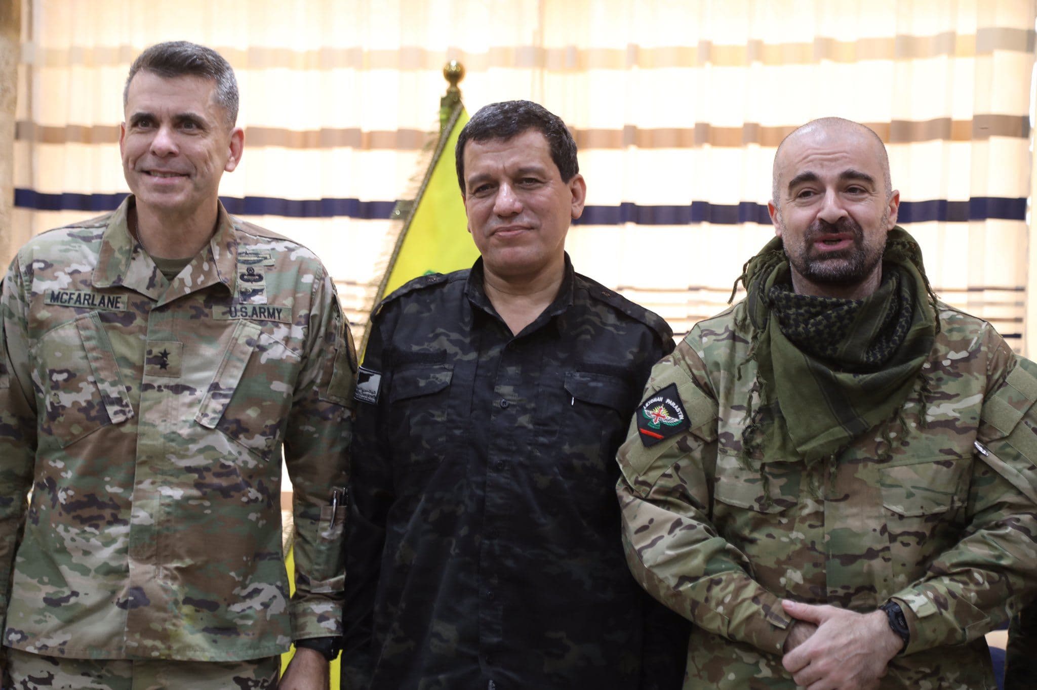 From left: Major General Matt McFarlane, anti-ISIS coalition commander, SDF's Mazloum Abdi, and PUK Leader Bafel Talabani, meeting in Rojava on December 20, 2022. Photo: Mazloum Abdi/Twitter 
