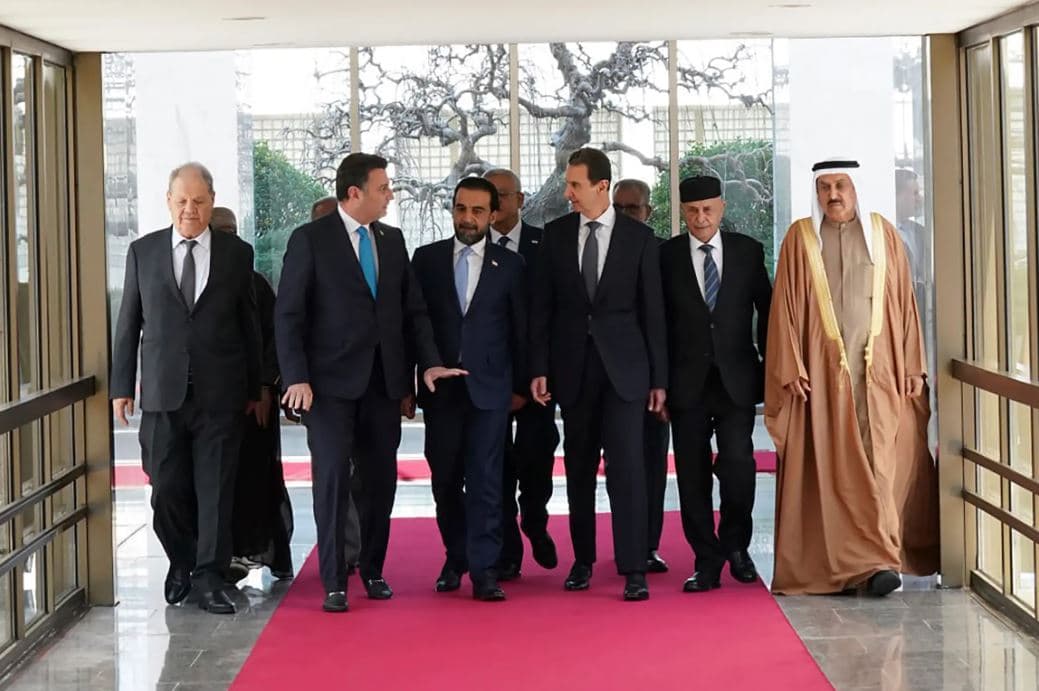 Syrian President Bashar al-Assad [third right] and Mohammed al-Halbousi speaker of Iraqi parliament [on Assad's left] as well as delegates from several Arab states meet in Damascus on February 26, 2023. Photo: AP