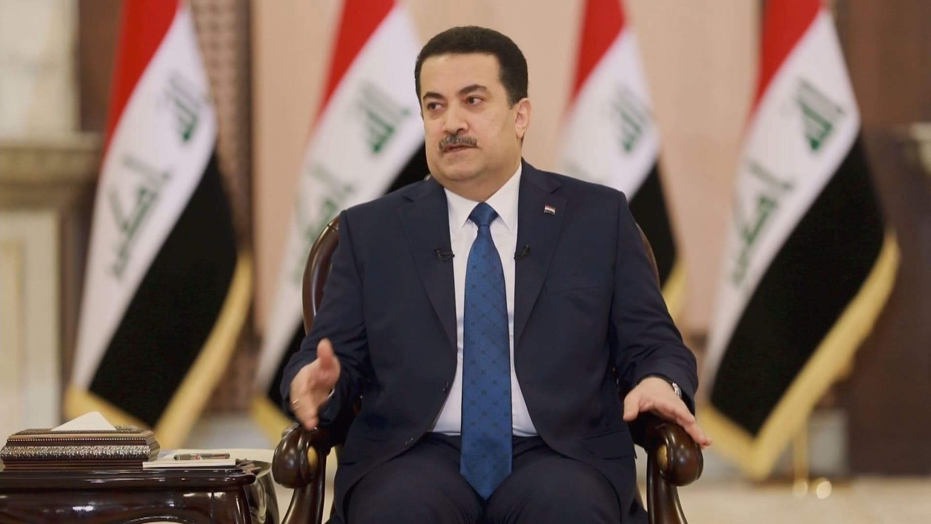 Iraq’s Prime Minister Mohamed Shia al-Sudani speaks to journalists in Baghdad on April 17, 2023. 