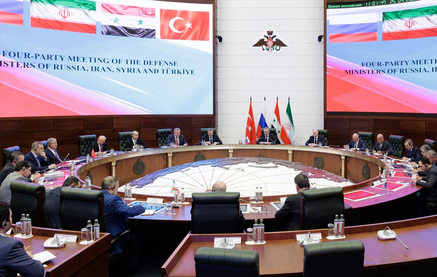 Russian, Turkish, Iranian and Syrian defence ministers and head of intelligence meet in Moscow on April 25, 2023. Photo: Vadim Savitsky / Russian Defence Ministry / AFP 