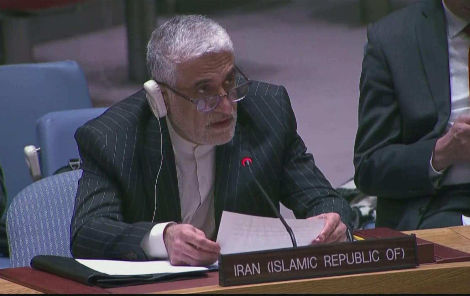 Amir Saeid Iravani, Iran’s permanent representative to the UN, speaking during a Security Council briefing on April 27, 2023. Photo: United Nations/Screengrab.
