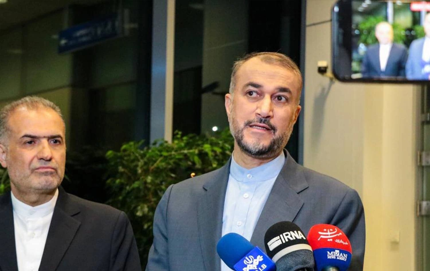 Iranian Foreign Minsiter Hossein Amir-Abdollahian (right) speaking to reporters upon arriving in Moscow on May 10, 2023. Photo: IRNA