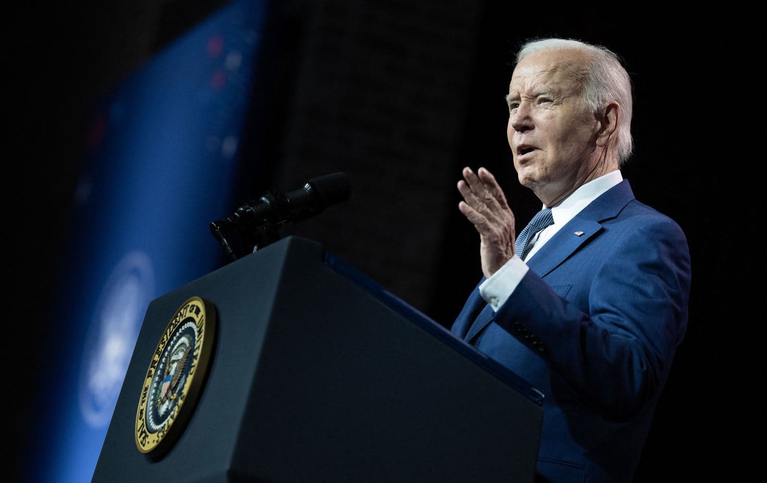 US President Joe Biden delivering a speech in Valhalla, New York, on May 10, 2023. Photo: Brendan Smialowski/AFP