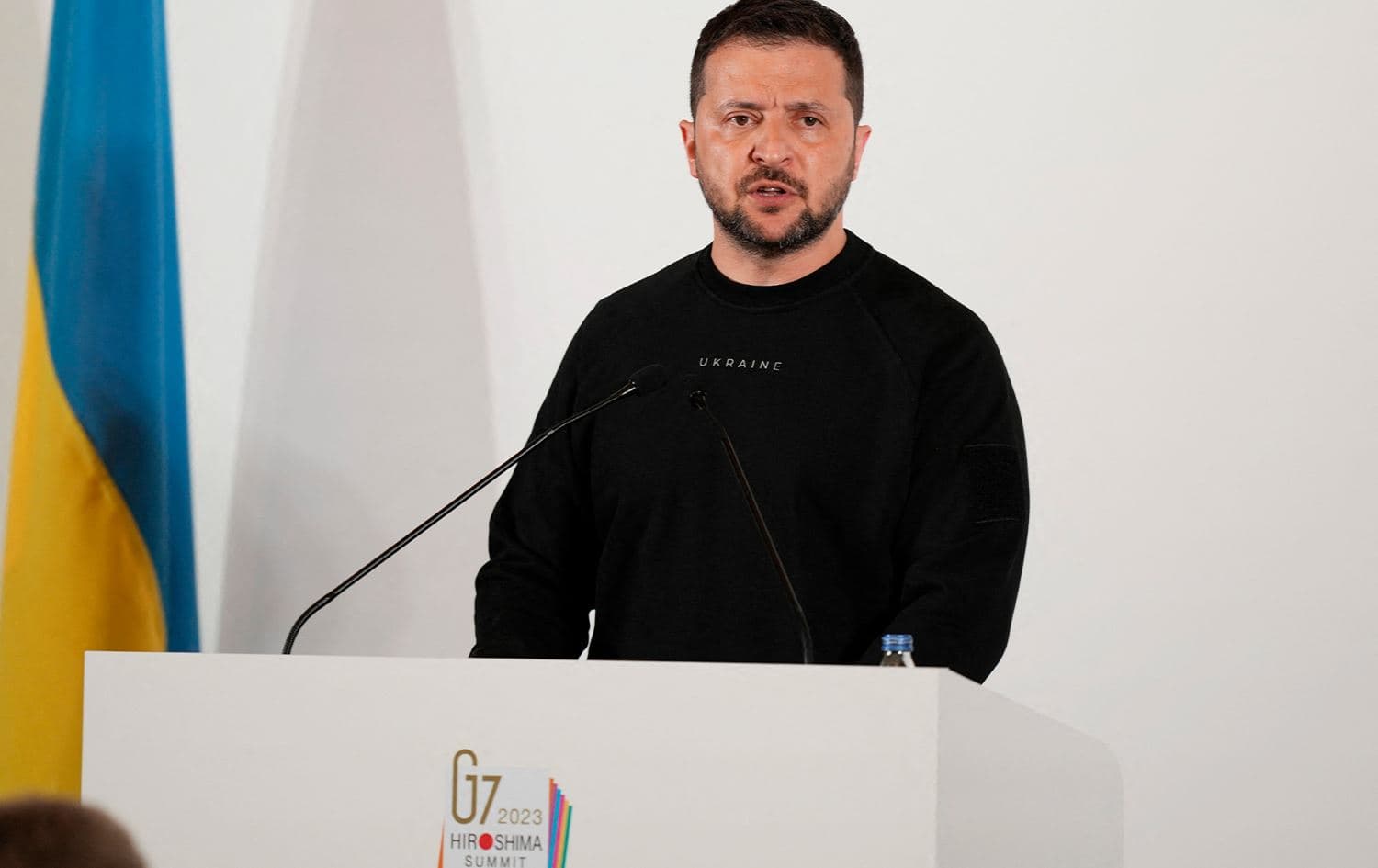 Ukraine's President Volodymyr Zelensky speaks during a news conference following the G7 Leaders' Summit in Hiroshima on May 21, 2023. Photo: Louise Delmotte/Pool/AFP
