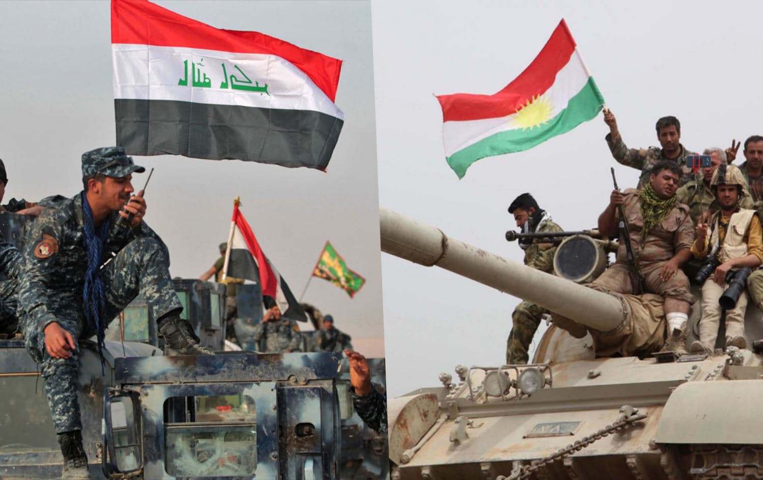 Iraqi army soldiers (left) and Kurdish Peshmerga soldiers (right). Photo: AFP