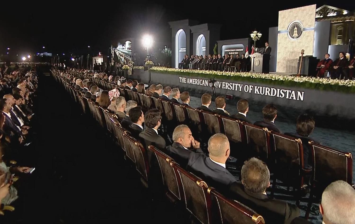 Kurdistan Region's President Nechirvan Barzani addresses the graduating class of the American University of Kurdistan (AUK) in Duhok on May 28, 2023. Photo: Rudaw/Screengrab