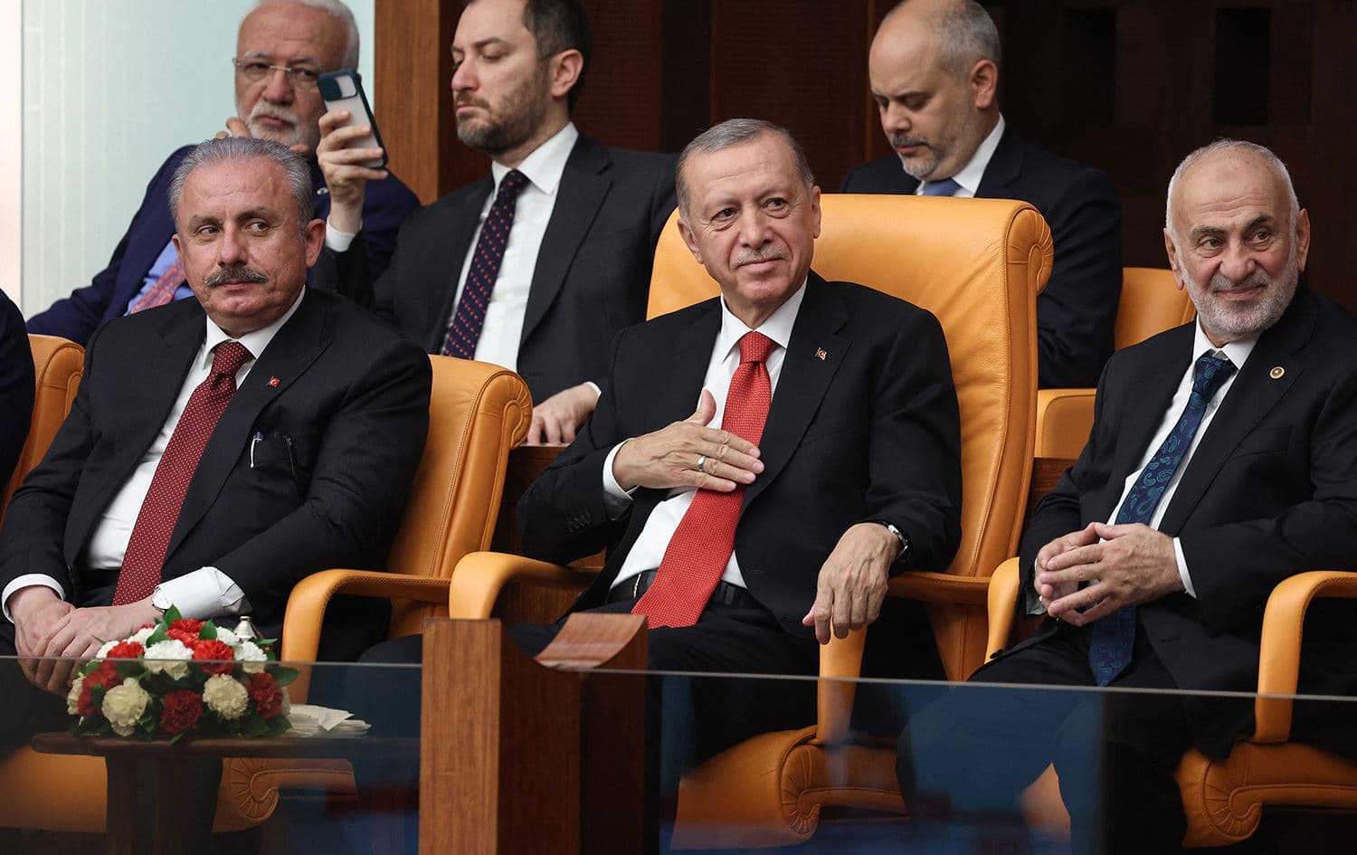 Turkish President Recep Tayyip Erdogan (center) gestures during the 28th term deputies' oath-taking ceremony at the Turkish Grand National Assembly in Ankara, on June 02, 2023. Photo: Adem Altan/AFP