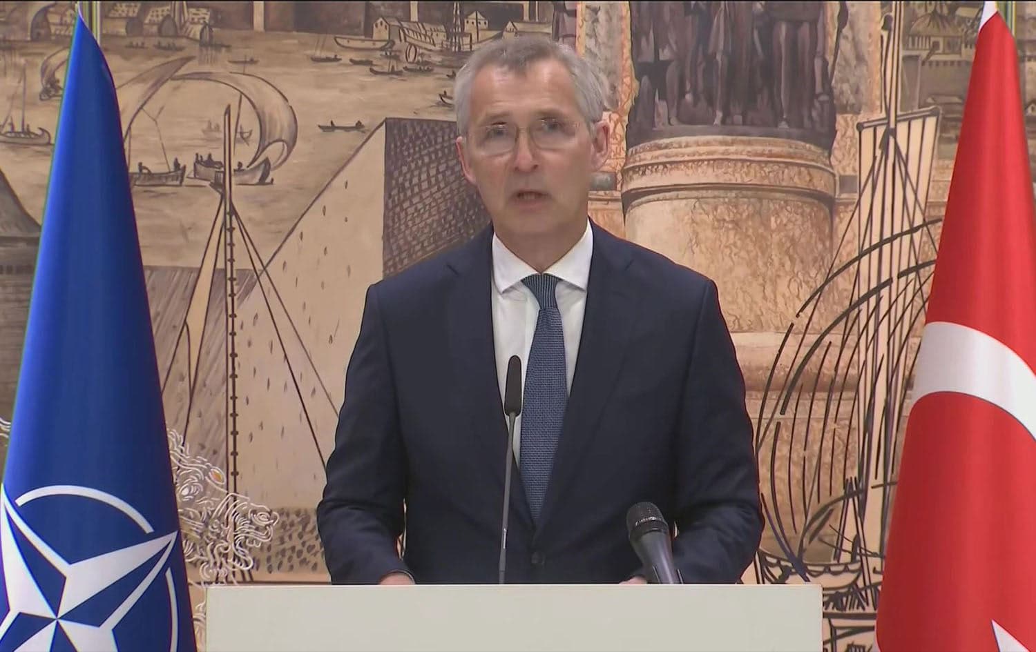 NATO chief Jens Stoltenberg talking to reporters in Istanbul on June 4, 2023. Photo: Screengrab/AFPTV