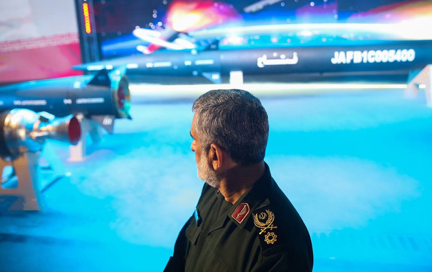 General Amirali Hajizadeh, commander of the IRGC Aerospace Force, at the unveiling of the Fattah hypersonic missile on June 6, 2023. Photo: IRNA